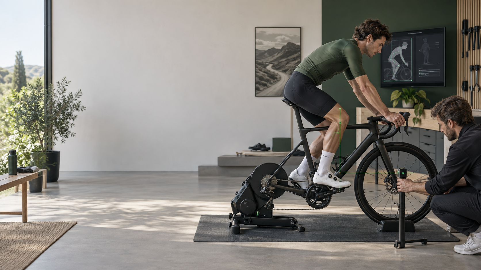 Cycliste sur home trainer pendant une étude posturale